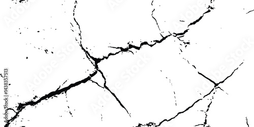 Black and white cracks illustration transparent white background. Black cracks on a white background. Cracks texture for design. Abstract illustration texture of cracks, chips