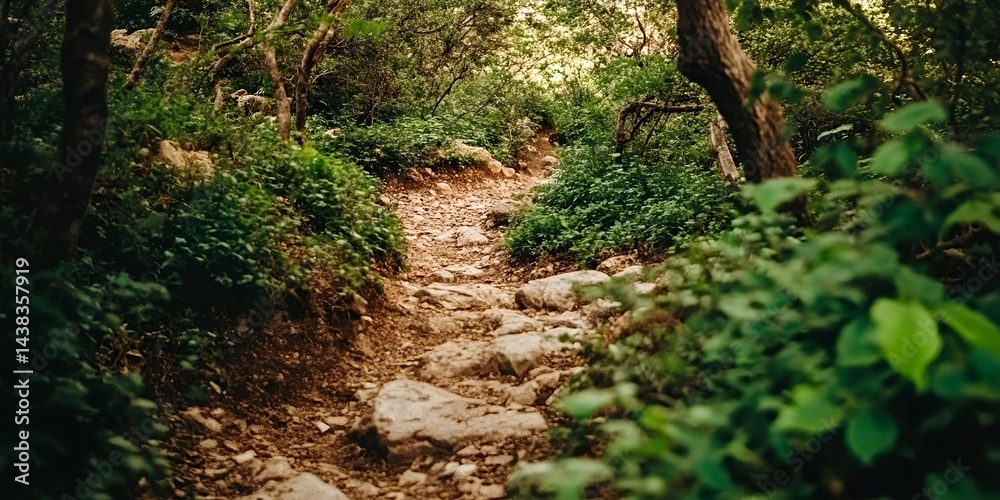 Obraz premium Serene Forest Path A Rocky Trail Winding Through Lush Green Foliage