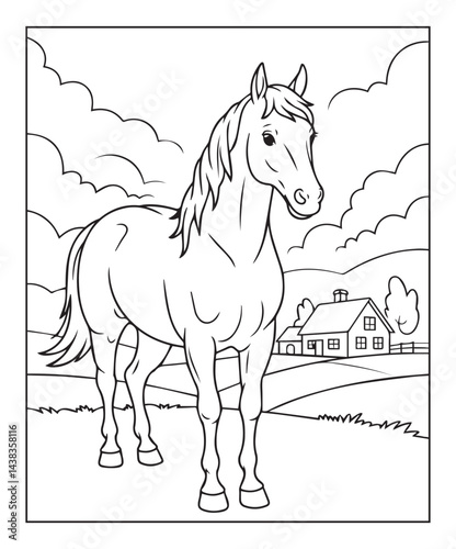 Horse coloring page for kids, black line art vector illustration on white background