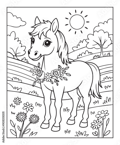 Horse coloring page for kids, black line art vector illustration on white background
