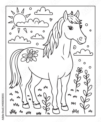 Horse coloring page for kids, black line art vector illustration on white background