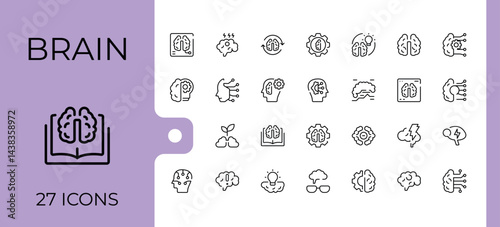 Brain related icon set. Contains such icons as psychology, mental, storm, ai and more. Mental modern vector illustration. Head icon pack. Pixel perfect. Vector collections.