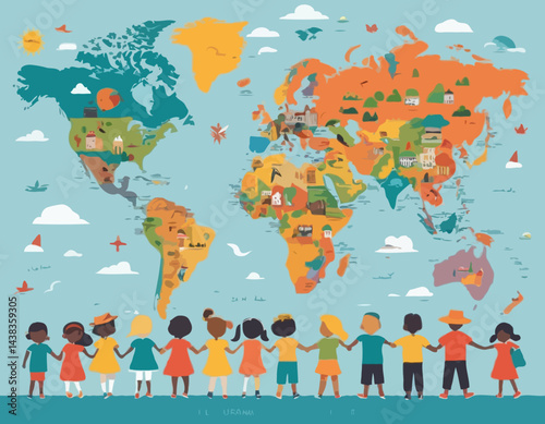 Global Education Vector Map with Landmarks and Children Holding Hands for International Learning and Cultural Exchange Programs.