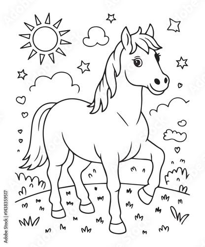 Horse coloring page for kids, black line art vector illustration on white background