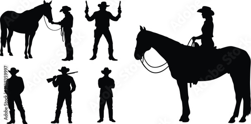 Cowboy and Horse Silhouettes – Western Culture Iconic Poses in Black and White Vector Style