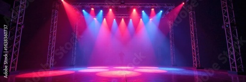 Central stage with intricate lighting truss grid, cables, stage