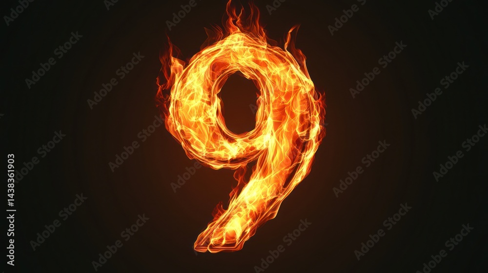 Fototapeta premium Fiery number nine on dark background, abstract design