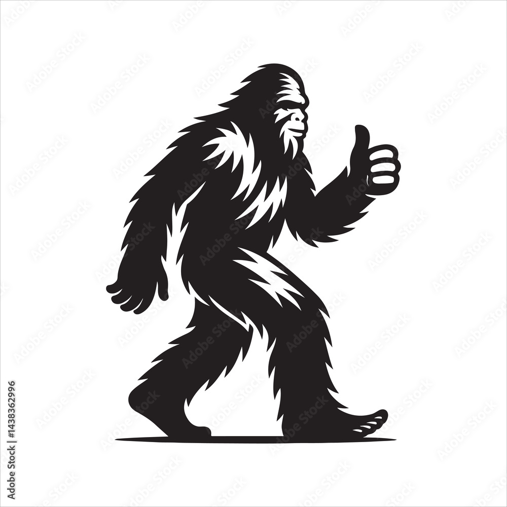 Obraz premium Black and white silhouette of Bigfoot walking confidently and giving a thumbs-up