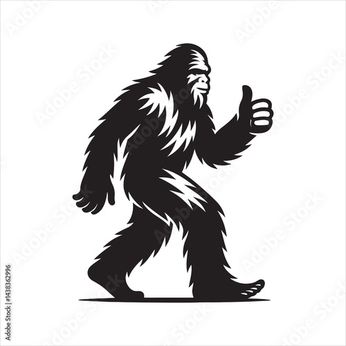 Black and white silhouette of Bigfoot walking confidently and giving a thumbs-up