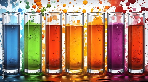 Colorful liquids in tall glass cylinders against a vibrant backdrop