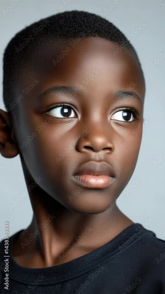 A young boy looking directly at the camera, with a neutral background.