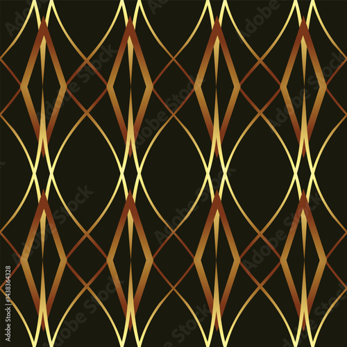 Elegant seamless geometric pattern inspired by Art Deco style, featuring intertwining diamond shapes in gold, bronze, and deep brown. Ideal for luxurious textiles, wallpapers, packaging, and digital