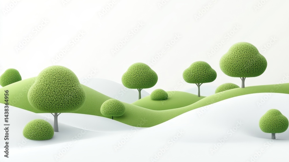 Cartoon-like green trees on white hills