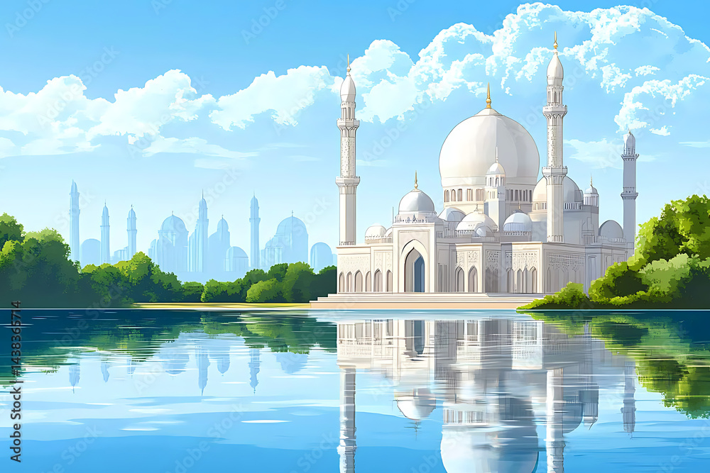 Obraz premium Serene view of a majestic mosque reflecting in a tranquil lake under a clear sky