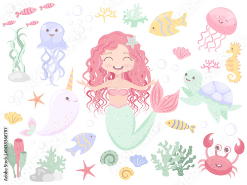 Vector set of sea elements with sea animals and mermaid
