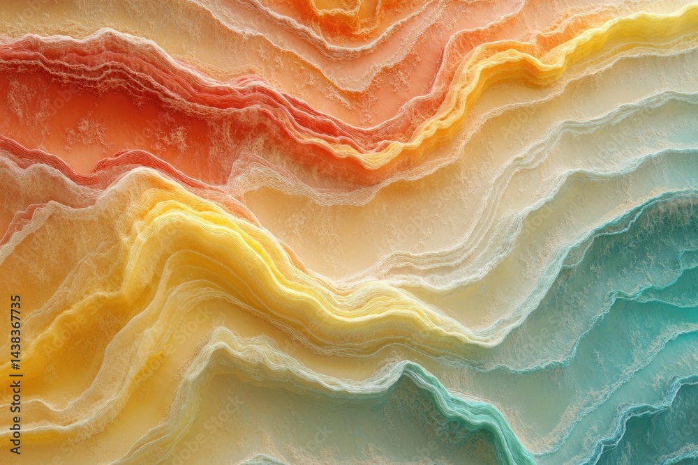 Abstract layered landscape with warm and cool color gradients, resembling folded fabric or geological formations. Abstract layered landscape with warm and cool color gradients, resembling folded fabric or geological formations.