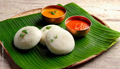 South Indian famous break fast idly with chutneys and sambar in a plate closeup with selective focus and blur. serving  vegetarian breakfast of South Indian restaurant Kerala Tamil Nadu India Srilanka