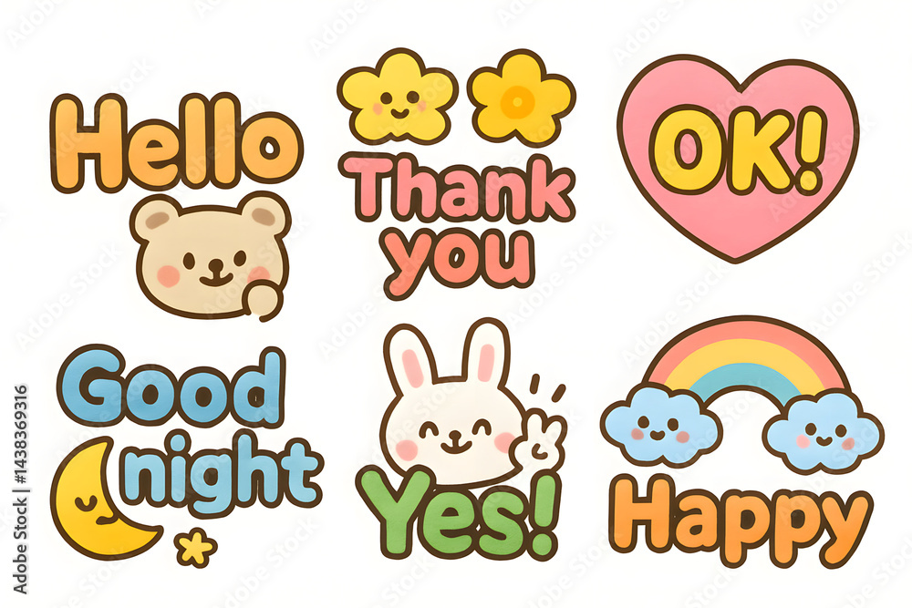 Obraz premium Cute Sticker Greetings: A collection of cheerful stickers, each conveying a positive message with adorable cartoon characters. Featuring 
