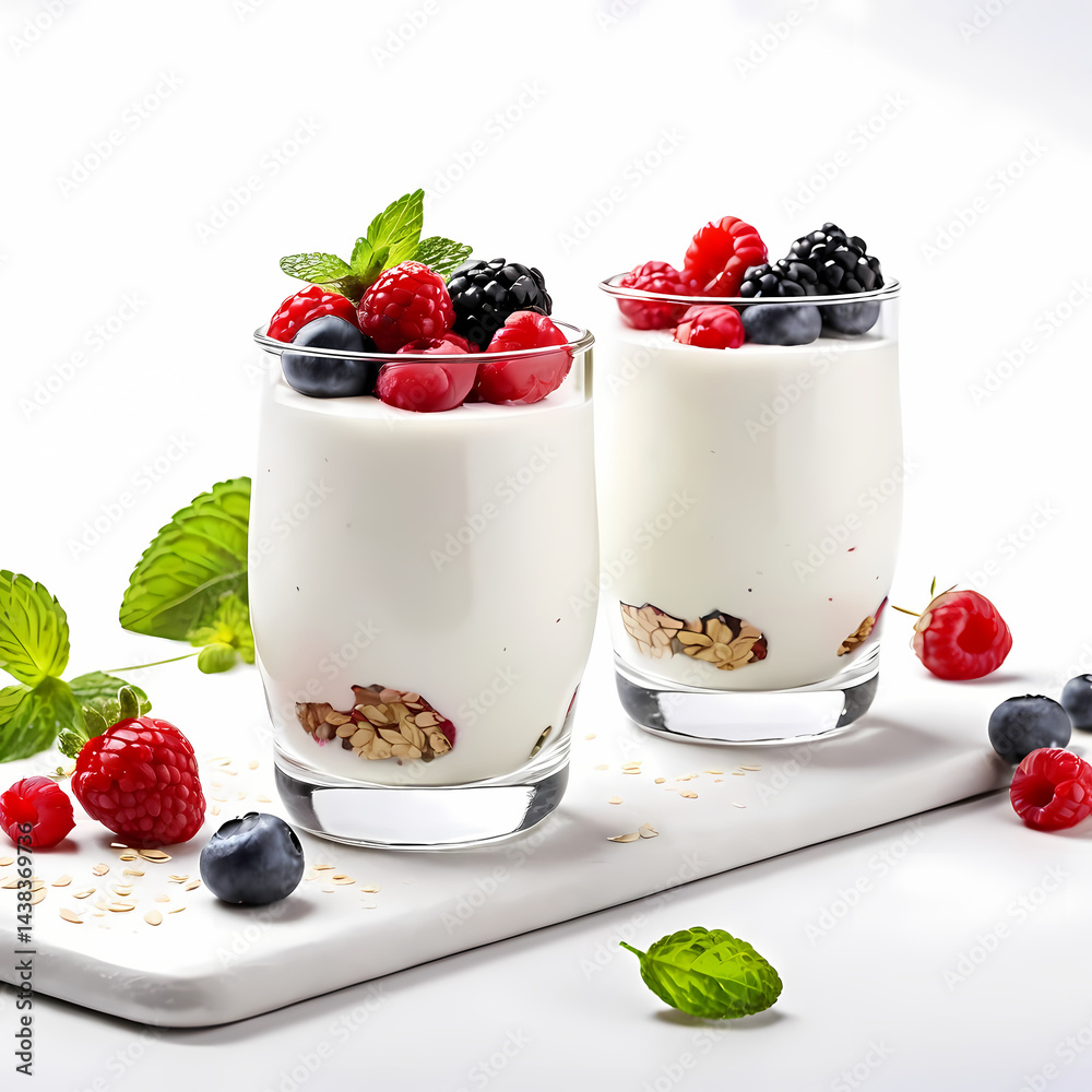 custom made wallpaper toronto digitalGreek yogurt with fresh berries, oats and mint in glasses on white background.