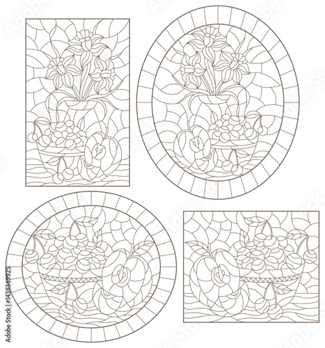 A set of contour illustrations of stained glass Windows with still lifes, flowers and fruits, dark outlines on a white background