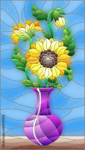 Illustration in stained glass style with floral still life, a bouquet of sunflowers in a purple vase on a blue background