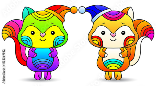 Set of stained glass illustrations on the theme of Christmas and New Year with cute toy foxes