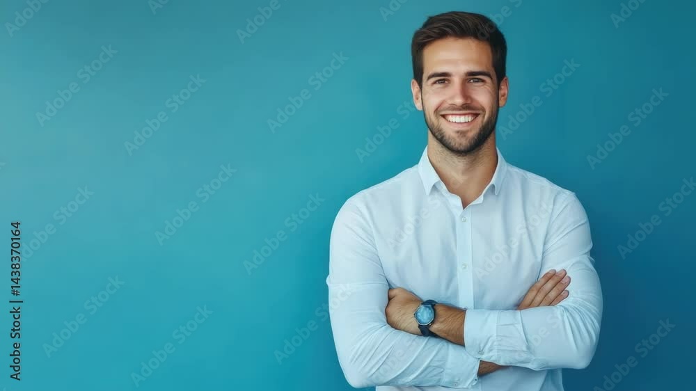 Smiling man with arms crossed in professional attire, conveying confidence.