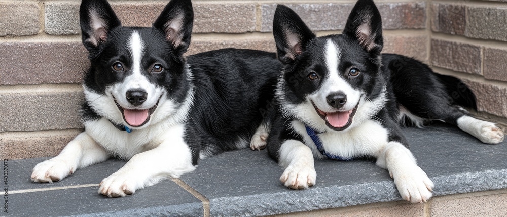 Obraz premium Two black and white dogs are lying down, happy and relaxed with their tongues out