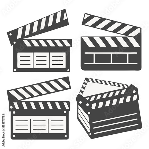 Set of Black and White Movie Clapperboard Icons Film Production Slates in Different Angles and Styles