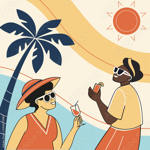 Summer vacation illustration with two women drinking cocktails on the beach under a palm tree with the sun shining in the sky. Retro beach vibes, tropical holiday concept, flat vector style.