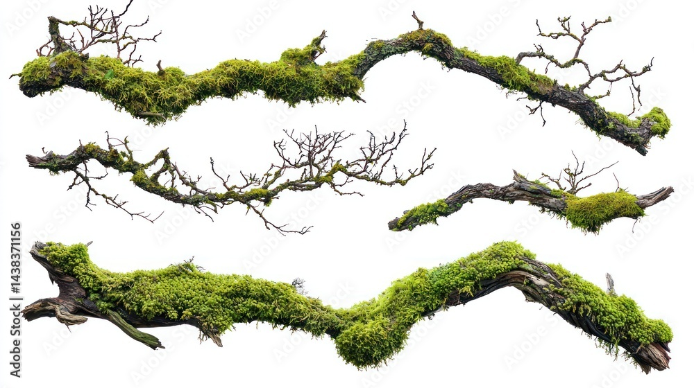 Obraz premium Collection of old gnarled tree branches covered in vibrant green moss on white background.