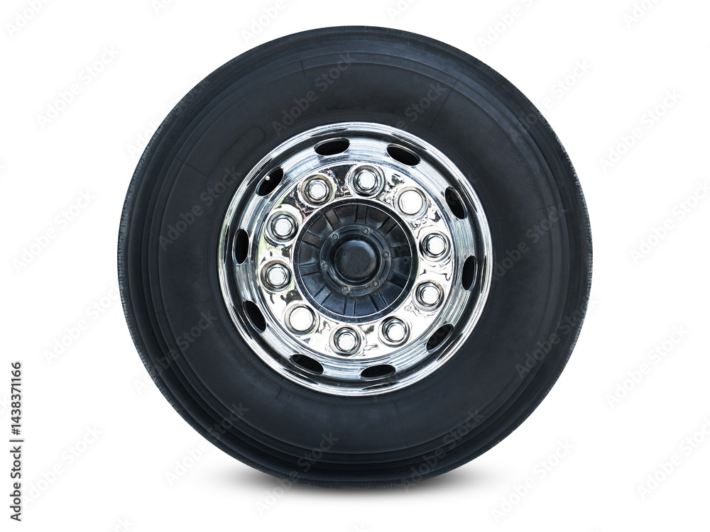 Fototapeta premium Truck Wheels Tire on White Background, Chrome Rims, Alloy Wheels. Big rig, Semi Trailer Truck Wheels. Freight Truck Logistics Transport.