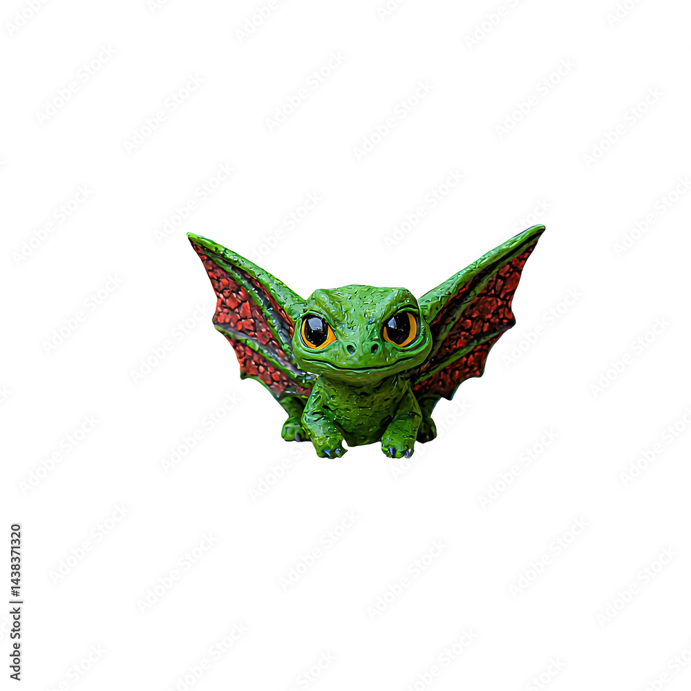 Obraz premium Cute Green Dragon Figurine with Red Wings on Black Background
