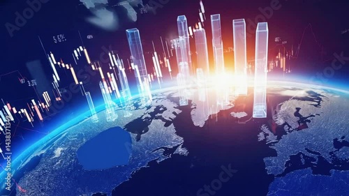 global business concept Stock market concept. Stock market tickers with a world map and stock indexes, graphs, charts. Digital animation of Stock market prices changing technology
