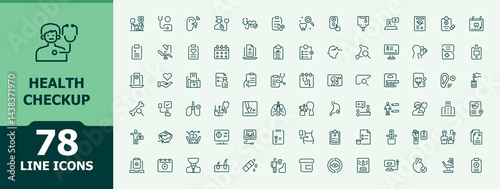 Health Checkup icon set. Minimal icons collection. Checkup icon pack. It contains symbols to healthy, consultation, examination, diagnosis, doctor and more.