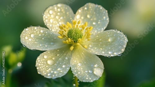 A close-up of a delicate flower blooming, dew drops on the petals, capturing the beauty of nature in fine detail