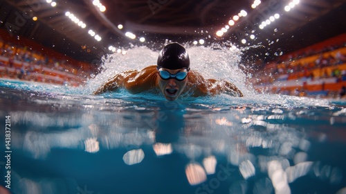 A high-speed shot of a professional swimmer performing a butterfly stroke, water splashing around, intense competition moment