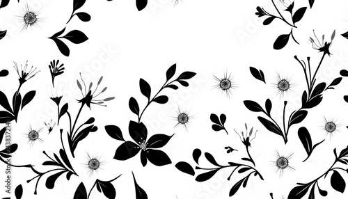 Elegant black and white floral vector seamless pattern with ample negative space, classic, abstract