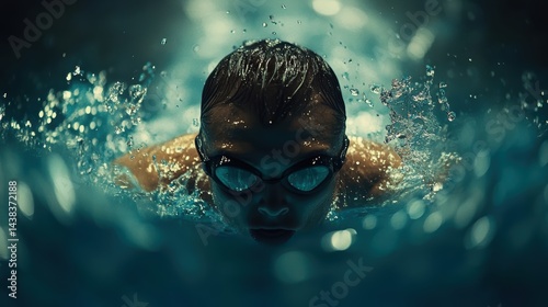 A high-speed shot of a professional swimmer performing a butterfly stroke, water splashing around, intense competition moment