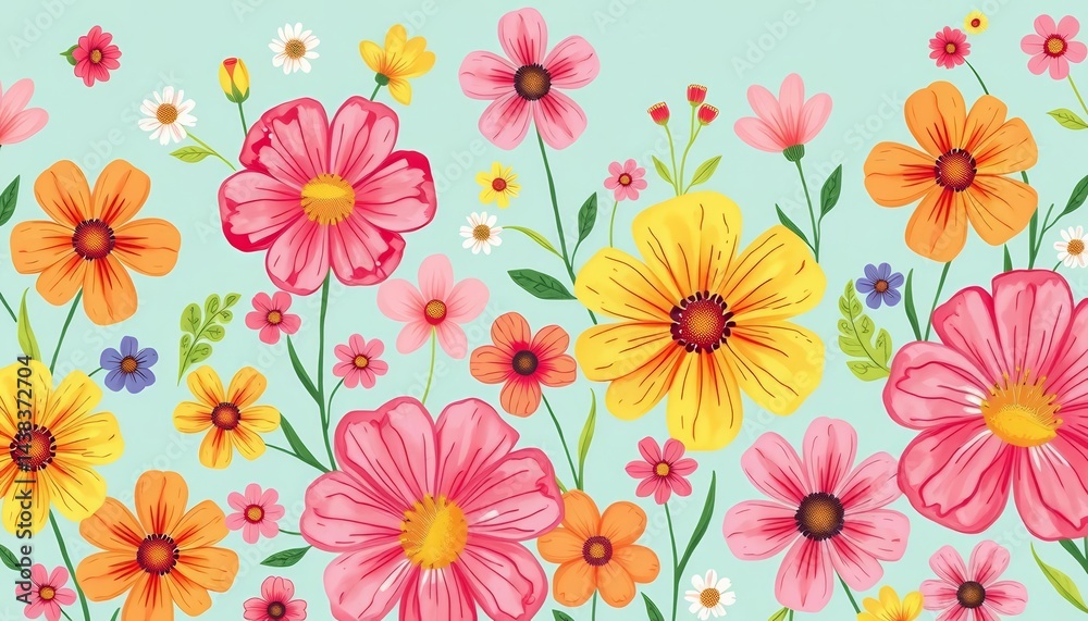 Cheerful summer floral pattern with whimsical hand-drawn flowers, perfect for textile prints and backgrounds, simple, background Cheerful summer floral pattern with whimsical hand-drawn flowers, perfect for textile prints and backgrounds, simple, background