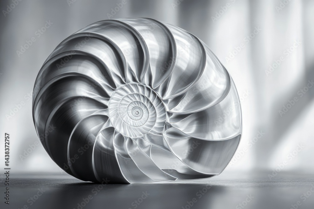 Obraz premium A metallic nautilus shell, showcasing its intricate spiral structure and reflective surface.