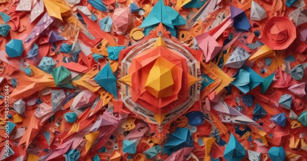 Fototapeta premium Intricate colorful paper collage, geometric shapes, bold, scrapbook