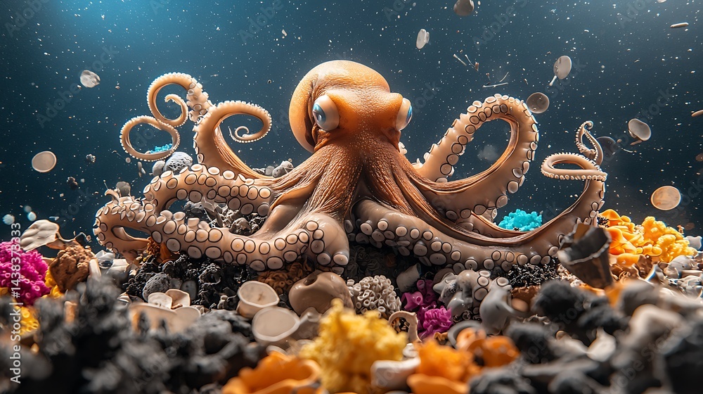 Obraz premium Octopus on reef Polluted ocean, plastic debris, and underwater environment