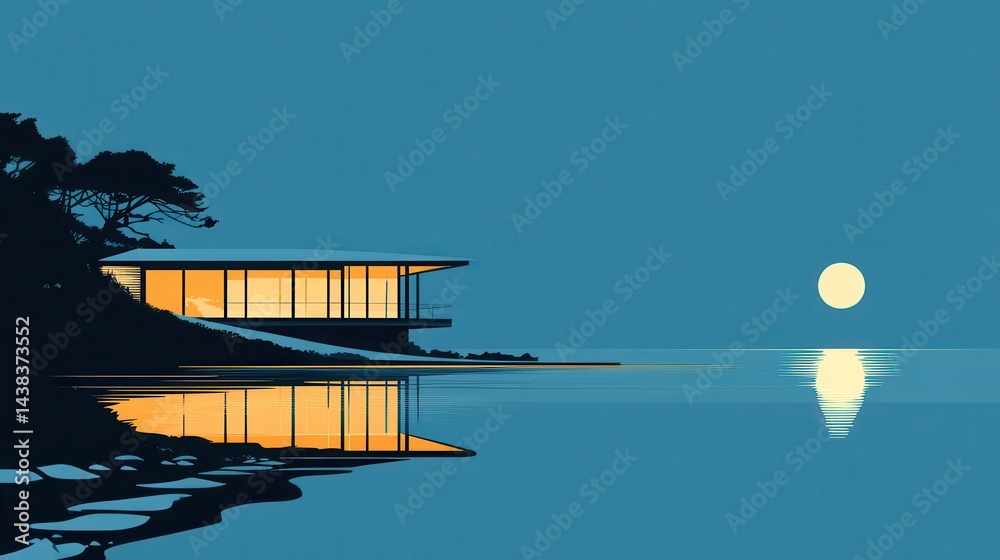 Modern House by the Sea at Night