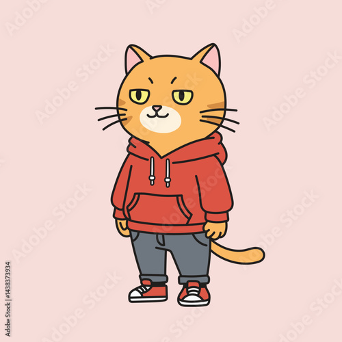 Cool cartoon orange cat character in red hoodie and sneakers. Urban style illustration perfect for fashion, lifestyle, and streetwear themes.