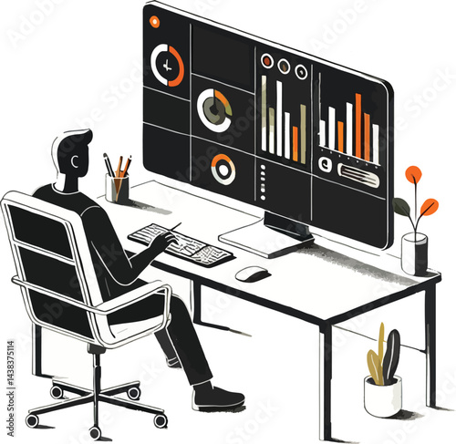 A person working on a computer the person is seated in an ergonomic chair interacting with a large screen with graphs . Analysis graphs data.