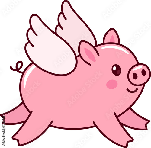 Cute cartoon flying piggy with wings. "When pigs fly" drawing. Isolated vector illustration.