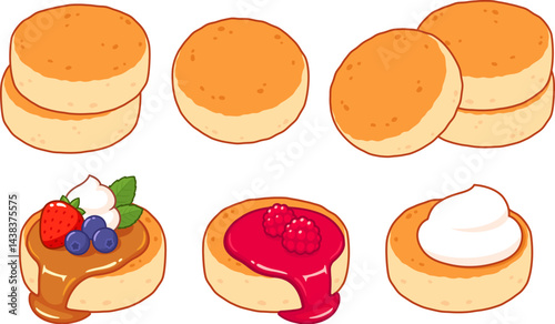 Syrniki, Eastern European cottage cheese pancakes set. With sour cream, berries, syrup and jam. Traditional breakfast food vector illustration.