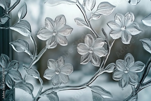 Intricate ice floral design etched onto a glass panel, showcasing delicate branches and blossoms against a blurred snowy backdrop.