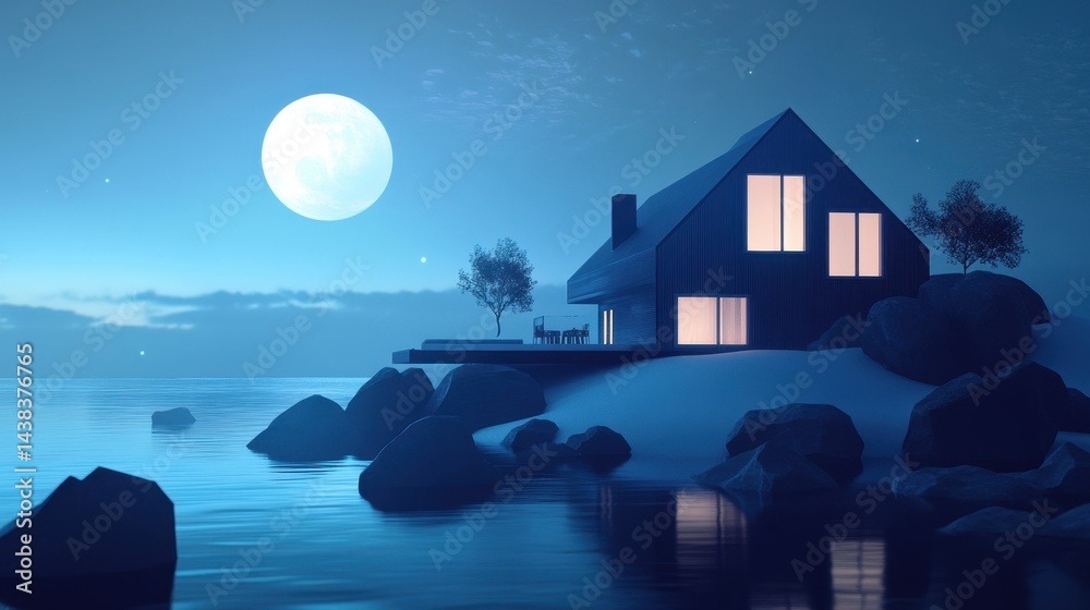 Modern house by the sea at night